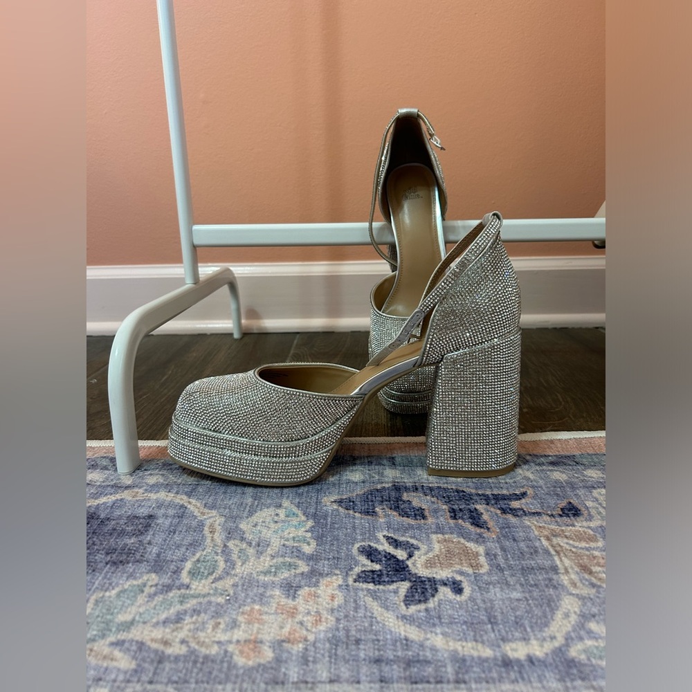 Silver Platform Rhinestone Block Heels
